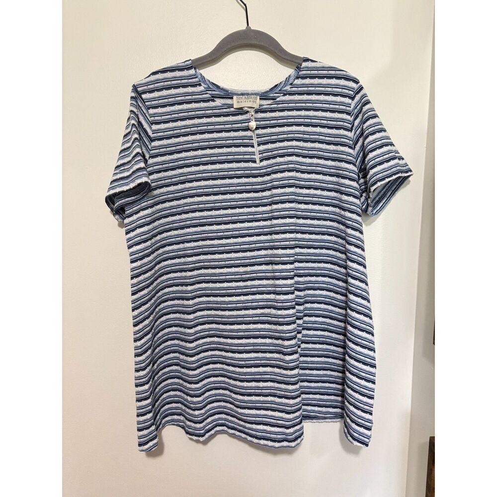 New Addition Maternity Striped Top Blue Stretch Knit Zip Front Casual‎ Coastal M